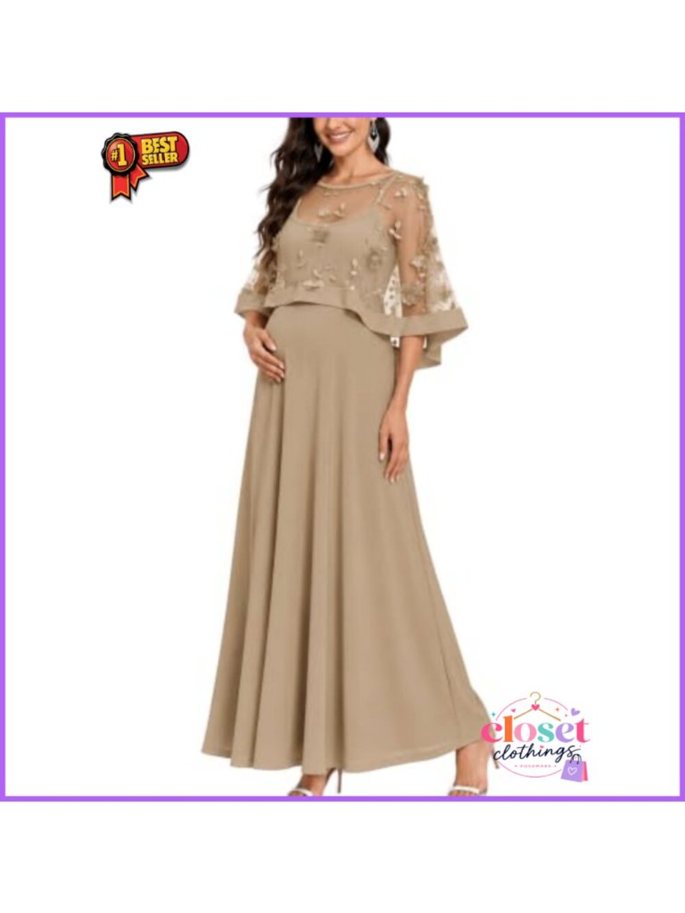 Maternity 2-Piece Maxi Dress with 3D Floral Mesh Cape A-Line Formal Gown